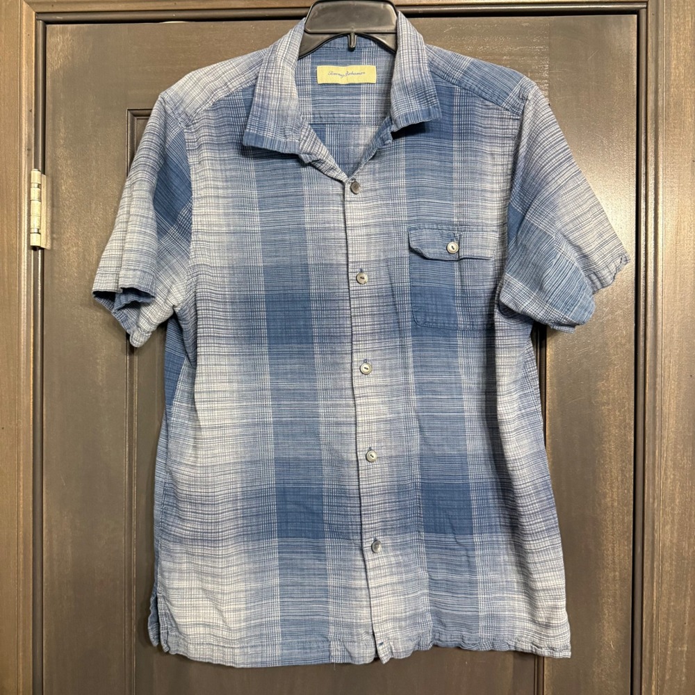 Tommy Bahama Mens Large Blue Plaid Silk Cotton Short Sleeve Button Down Shirt